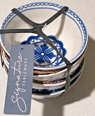 Signature Tableware Blue & White Ceramic 4-Piece Bowl Set 9 Oz Microwave