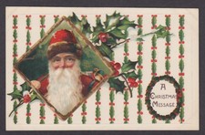 Santa Claus vignette holly pattern Christmas embossed postcard 1910s