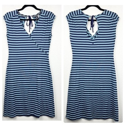 IBEX 100% Merino Wool Faux Wrap Dress Back Cut Out Teal Purple Stripes Size XS