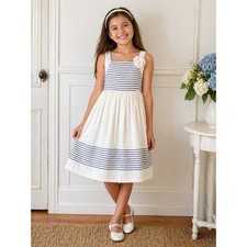 Janie and Jack Girls Nautical Striped Dress White Blue Bow Flower Size 8 Cotton