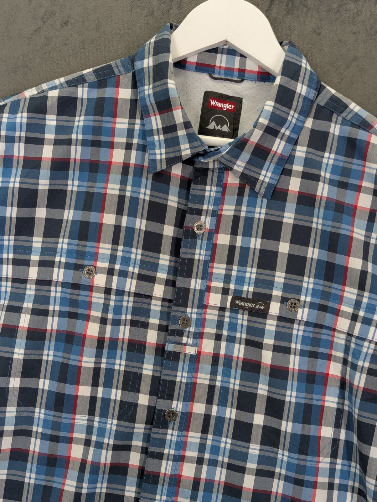 Wrangler Men's Outdoor Short Sleeve Utlity Camp Shirt Size Large Blue Check USA image 2