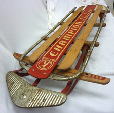 VINTAGE 1950s CHAMPION SNO-LINER RACING SNOW SLED 48" RED SILVER WOOD STEERING