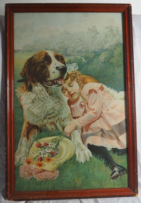 Victorian Framed Antique Lithograph SAINT BERNARD DOG with Sleeping GIRL 1890'S