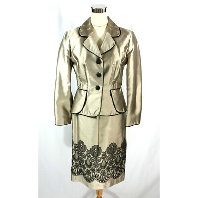Sharagano Silk Satin Floral Embroidered Blazer Peplum Jacket Skirt Suit Set 6