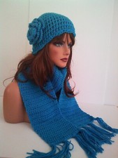 BRIGHT TURQUOISE HAND CROCHET FLOWER HAT AND SCARF SET BEANIE SKULL SKI CAP TAM