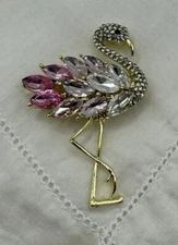 Beautiful Bright Pink Flamingo W Large And Small Stones Brooch Pin