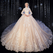 High Neck Long Sleeves A-line Wedding Dresses Dubai Style Quality Lace Gowns