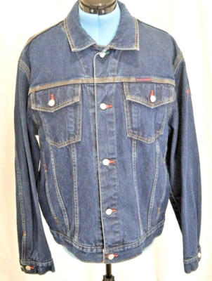 Tommy Hilfiger Denim Button Stitched Patch Dark Wash Trucker Jean Jacket Mens XL