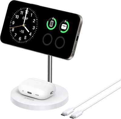 Anker 2-in-1 Wireless Charger Stand Qi2 Certified 15W MagSafe Compatible  Station