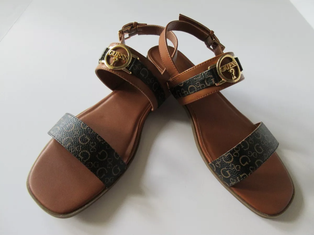 Guess Los Angeles GFCARLE Brown Multi Sandal With Guess Logo Strap New