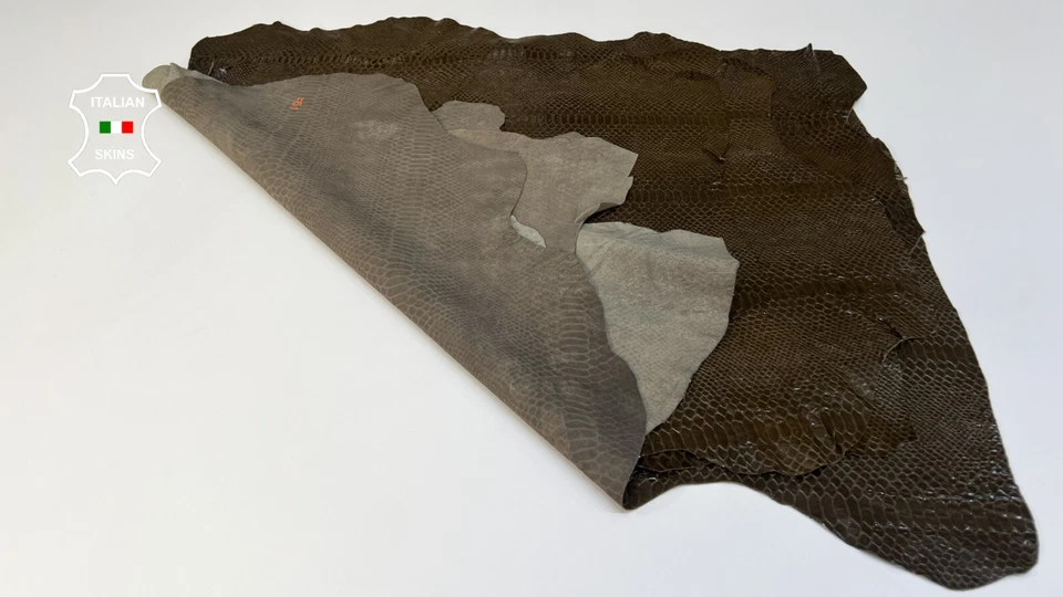 OLIVE ARMY GREEN SNAKE SHINY PRINT on Lambskin leather 5 skins 22sqf 0.5mm B5100 - Image 3 of 4