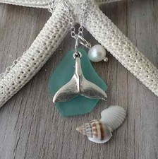 Hawaiian Jewelry Sea Glass Necklace, Aquamarine Necklace Whale tail Necklace,