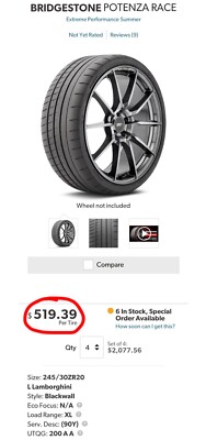 4X NEW Bridgestone Potenza RACE Tires Huracán / R8 2X 305/30ZR20