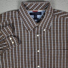 Tommy Hilfiger 80s 2 Ply Brown Plaid Mens Long Sleeve Button Up Shirt Size Large
