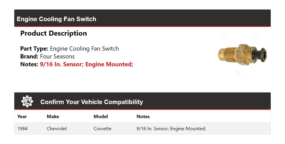 Interruptor de ventilador de refrigeración del motor Chevrolet Corvette 1984 4 estaciones Foto 2 de 4