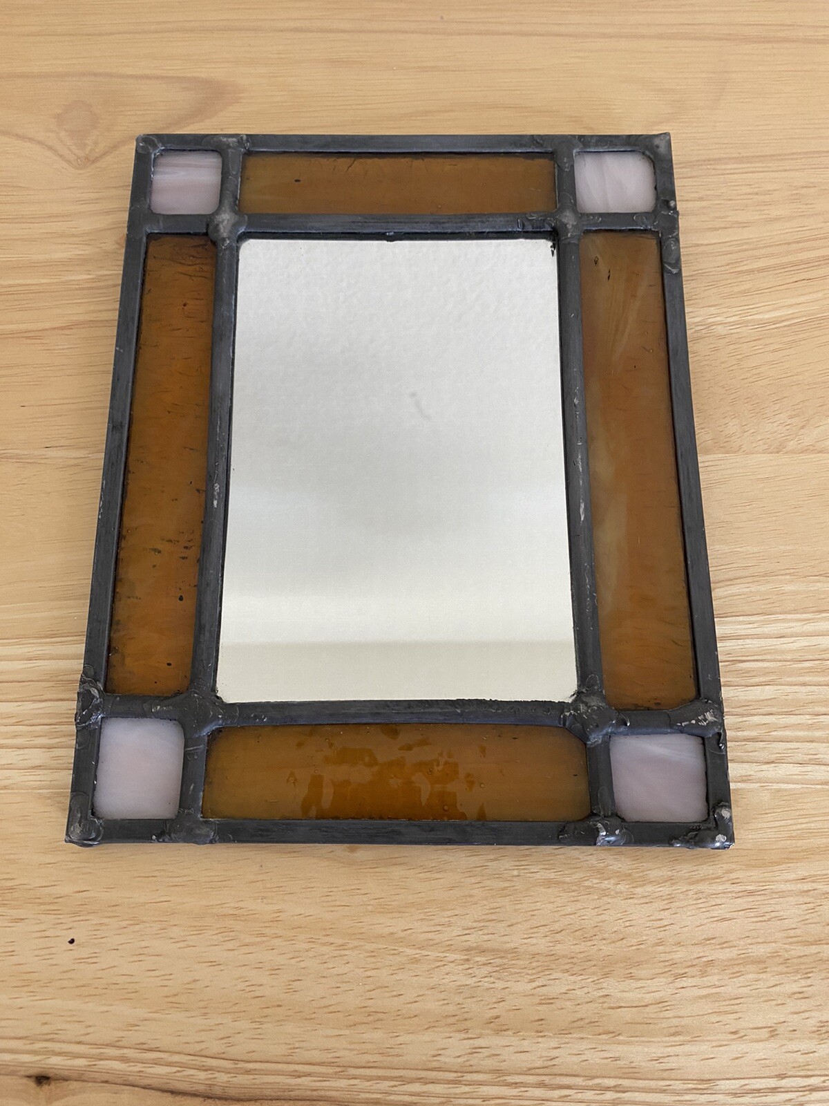 Vintage Orange Slag Stained Glass Mirror Framed Vanity Wall Hanging Mirror