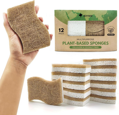 Natural Kitchen Sponges, 12 Pack, Biodegradable Cellulose & Coconut Scrubber