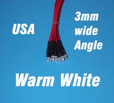 10 LEDs - 3mm PRE WIRED LED 12 VOLT WIDE ANGLE WARM WHITE 12V DC WW