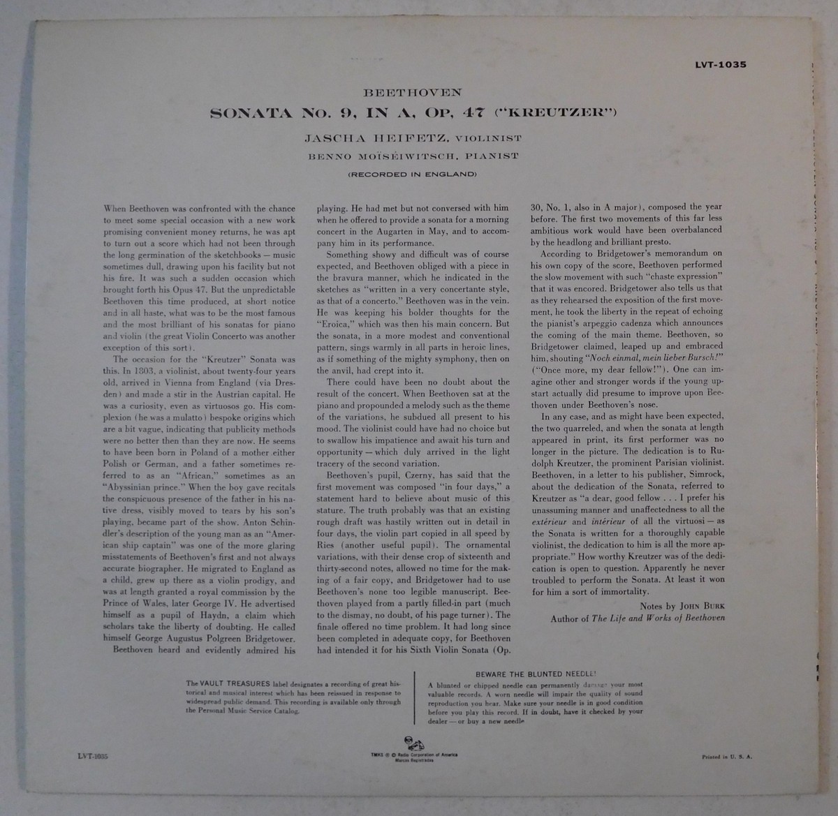 violin JASCHA HEIFETZ BENNO MOISEIWITSCH Beethoven Kreutzer Sonata