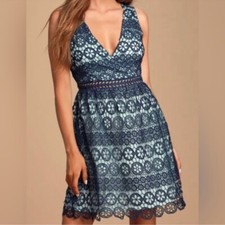 Lulus Forever My Love Navy Blue Crochet Lace Skater Dress Womens Size Small