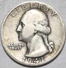 1941S Washington Silver Quarter. VG Condition.