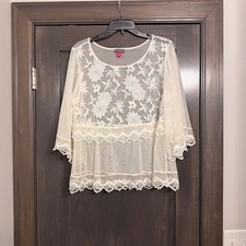 Vince Camuto Womens Ivory Floral Embroidered Sheer Mesh Lace Trim Blouse Large
