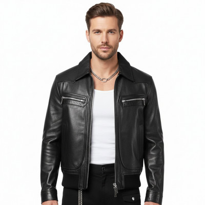 Handmade Jacket Biker Bomber Leather Black Men's Genuine Lambskin Biker Party
