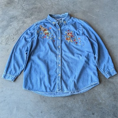Vintage Bobbie Brooks Blue Denim Shirt Embroidered Vegetable Cornucopia 18W/20W
