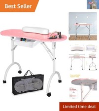 Foldable Nail Technician Desk with Rolling Wheels & Waterproof Bag - Pink Design