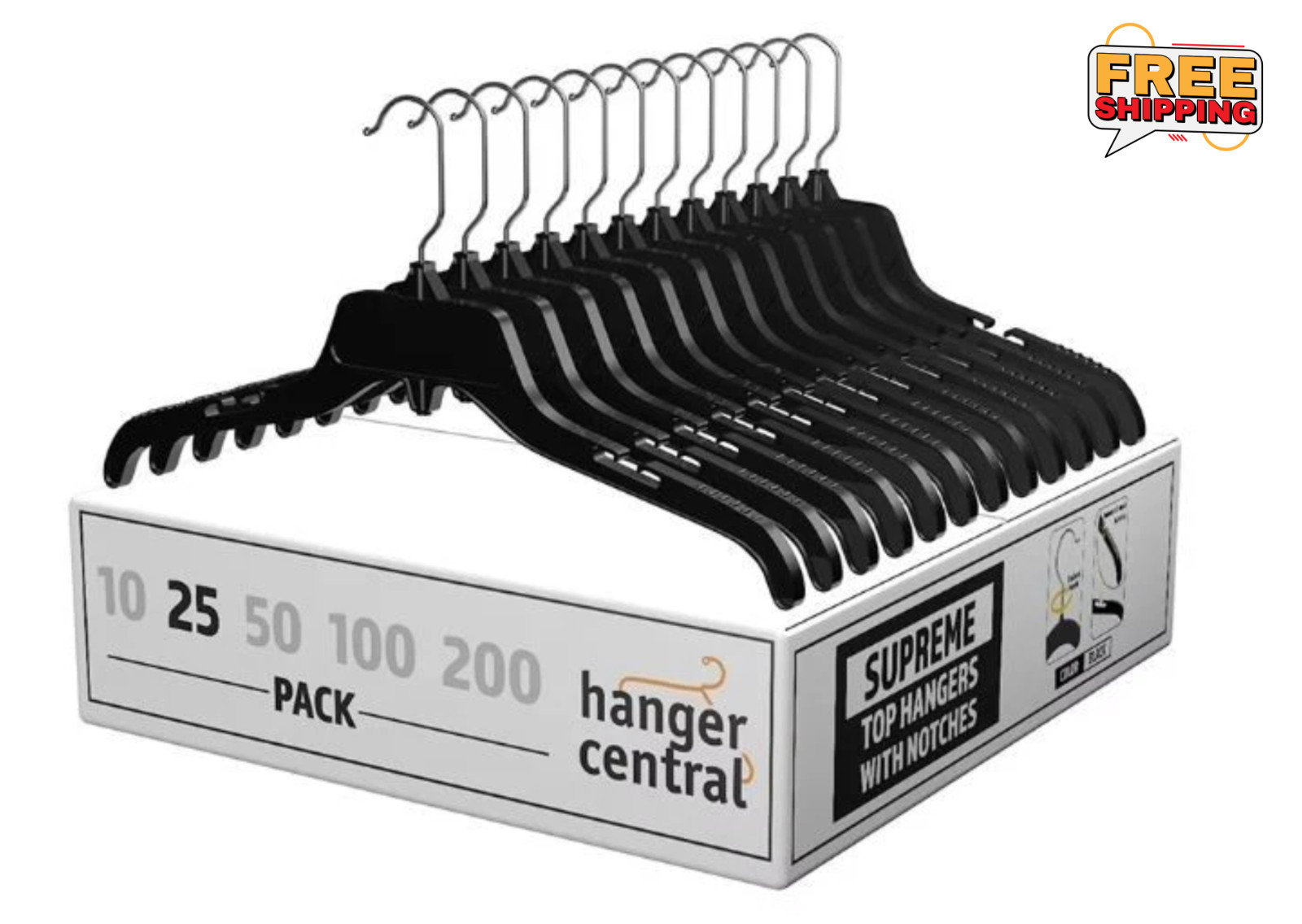 25 Pack Durable Plastic Clothing Hangers with Metal Swivel Hooks, 17 inch,Black