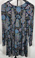 Ann Taylor Loft Womens Shift Dress Sz.S  Blue Floral Geometric Long Sleeve Knit