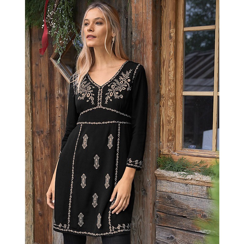 Garnet Hill Marrakesh Embroidered Dress Womens 10 Black Boho Bohemian Hippie