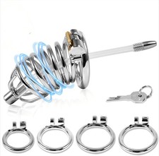 Chastity Cage Lock Set with 4 Penis Rings and Dilator Urethra Stainless Steel...