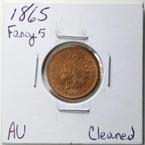 1865 Fancy 5 1C Indian Head Cent with AU Detail Cleaned #6017