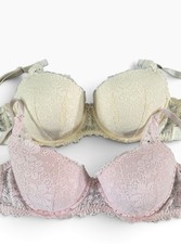 Lot Of 2 Victorias Secret PINK Ivory 36C Bra Push Up Balconette Lace Padded