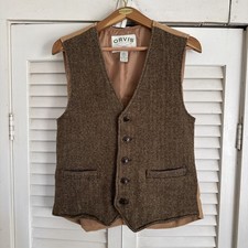 Orvis Tweed Vest Brown w/ Leather Trim Herringbone Pattern Belted EUC -Large-
