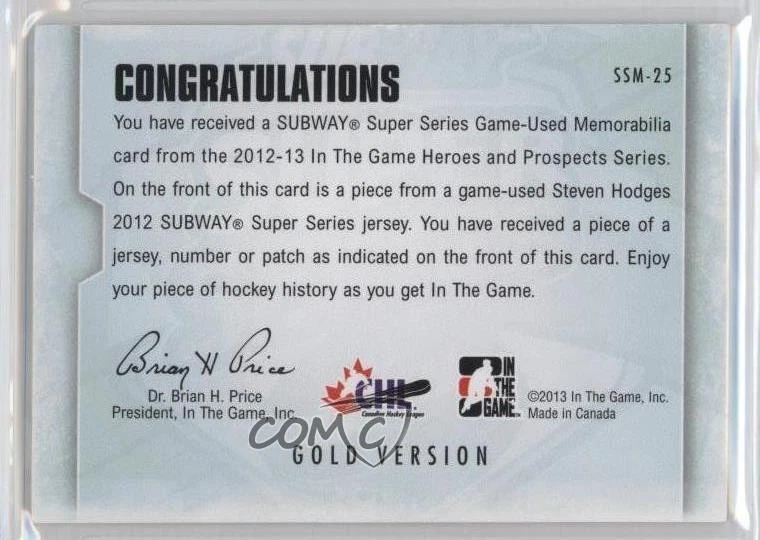 2012-13 ITG Heroes and Prospects Gold Jersey Steven Hodges #SSM-25 - Image 2 of 2