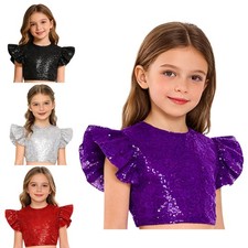 Kids Girls Crop Top Jazz Shirt Ruffled Vest Sequin Dancewear Dance Ballroom