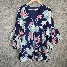 UMGEE Top Womens XL Blue Floral Print V Neck Tunic Bell Sleeve Casual Ladies