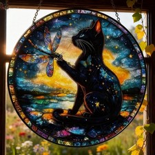 Mystical Black Cat  Dragonfly Suncatcher   Stained Glass Style Window Hanging