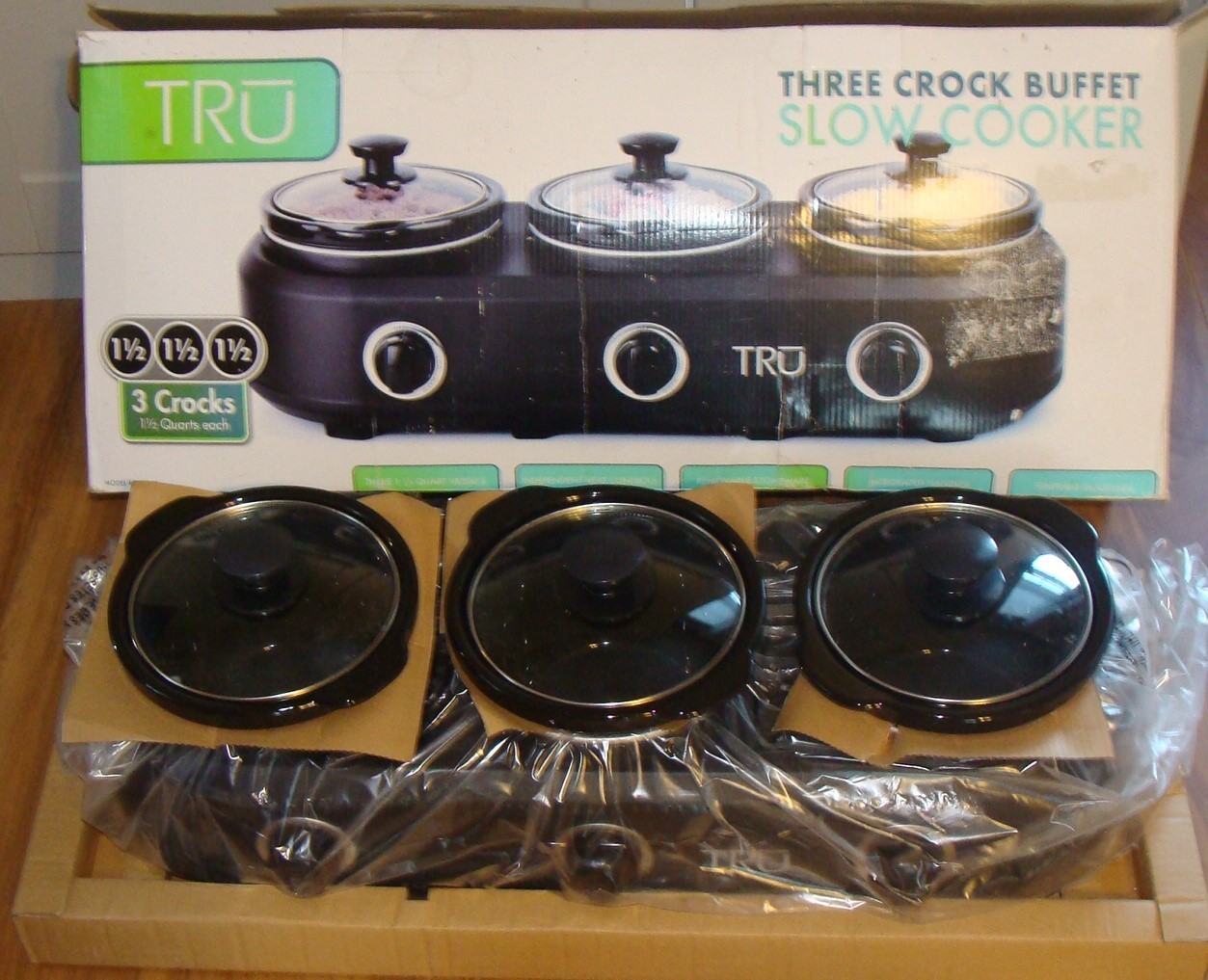 NIB Tru Triple Crock Pot Buffet Server Set 3 1-1/2 QT Remova