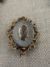 Antique Victorian Mourning Hair Brooch Gold Tone Agate Memorial Pin c.1850-1880