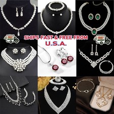 Crystal Pearl Necklace Earrings Jewelry Set Bridal Wedding for Women USA USA