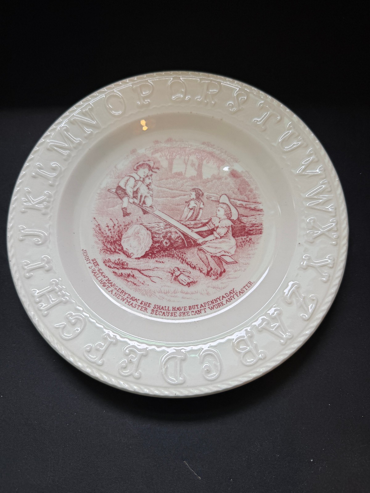 Vintage Childs ABC Plate Pink Transferware Alphabet Nursery Rhyme Ironstone Dish