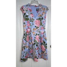 Vince Camuto Womens Floral Fit and Flare Dress Blue Pink Size 8 Pockets Zipper
