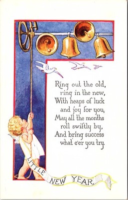Embossed New Year Postcard Little Angel Child Ringing Bells