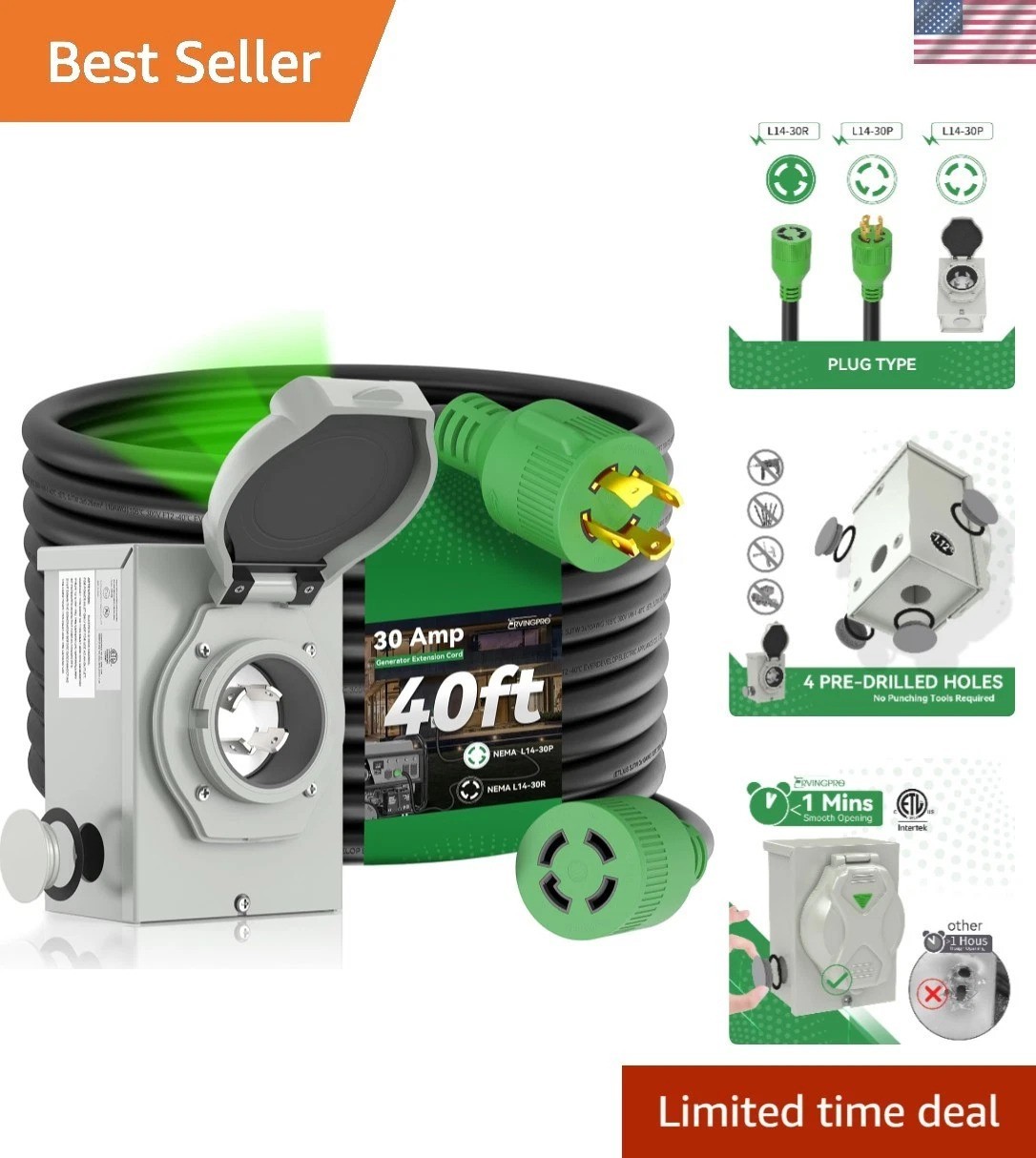 Cord 40ft With Pre-drilled Inlet Box For Emergencies