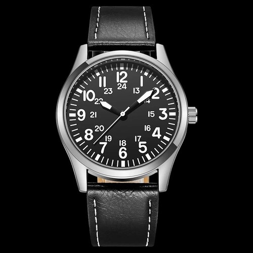 Pilot Field Men's Watch, Quality Seiko Movement, Stainless Steel Leather - Picture 2 of 21