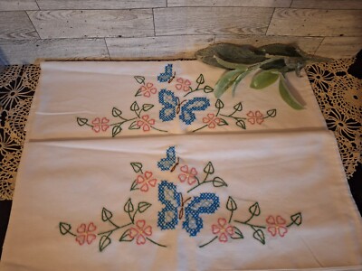 Pair of Vntg. Hand Embroidered Butterfly Pillow Cases, Bed Linens, Spring Summer
