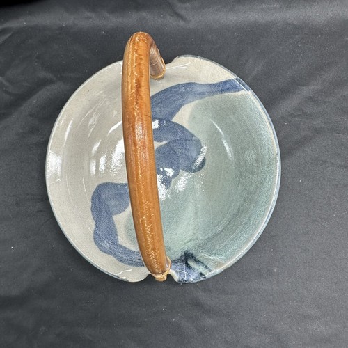 Art Pottery Basket Bowl Alaska Berezin Glazed Ceramic Trinket Dish Bamboo Handle - Imagen 6 de 16